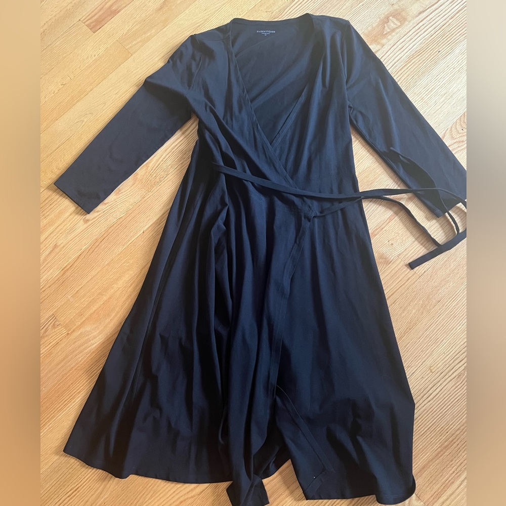 Eileen Fisher black midi wrap dress size XS